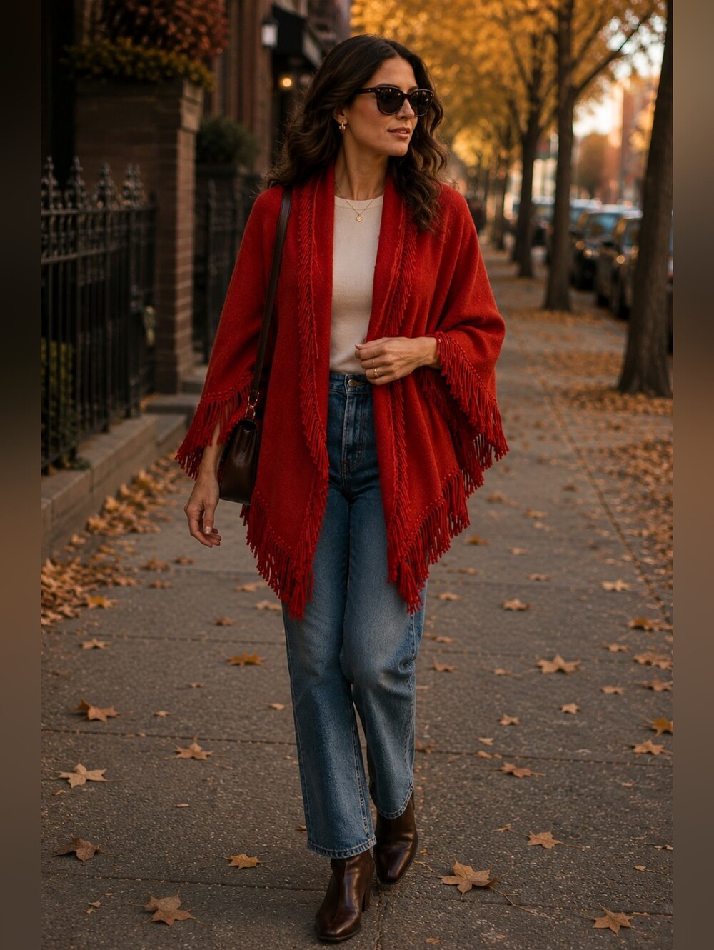 Fringed Open-Front Women's Sweater Wrap - Rust One Size